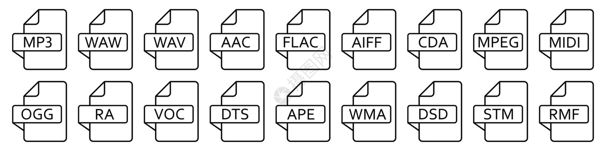 音频文件格式 矢量线性图标 音频文件图标插图音乐黑色绘画收藏视频质量文档压缩网络设计图片