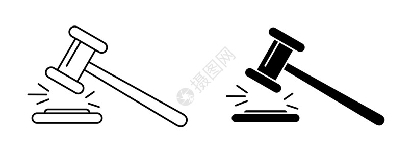 法官锤子图标 矢量木槌图标 一套黑色锤子图标诉讼犯罪投标人标识权威销售法院商业成功文章插画