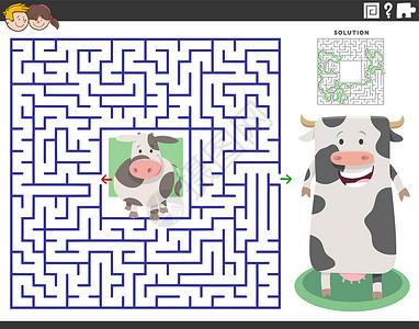 活动方案素材带卡通母牛和可爱的小小鹿的迷宫游戏插画