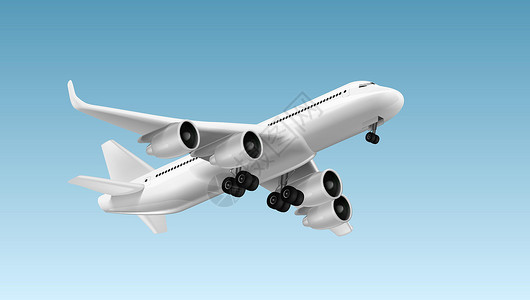 商用飞机3D 白色光滑商用喷气飞机起飞等距天空航班涡轮材料商业蓝色运输引擎航空公司插画