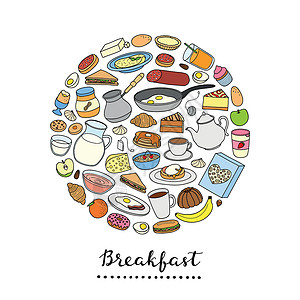 薄煎饼手画早餐盘子围成一圈食物熏肉黄油杯子牛奶酸奶煎饼甜点餐厅饮料设计图片