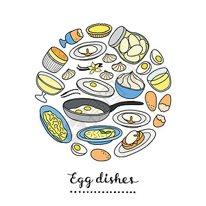 班尼迪克蛋亲手把鸡蛋盘围成一圈美食饮食烹饪油炸产品食物酥皮香草涂鸦圆圈插画