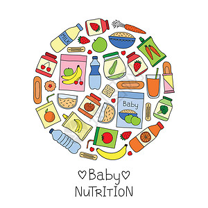 水果牛奶布丁圆圈里有面条的婴儿食物饮食午餐早餐蔬菜育儿玻璃水果南瓜涂鸦童年插画