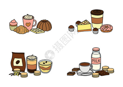 牛奶松饼不同组的甜点和咖啡店铺拿铁饮料外滩蛋糕食物杯子庆典派对作品插画