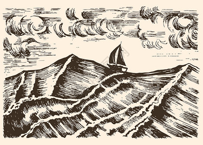 矢量航行帆船矢量草图 在大浪的暴风雨中游泳插画