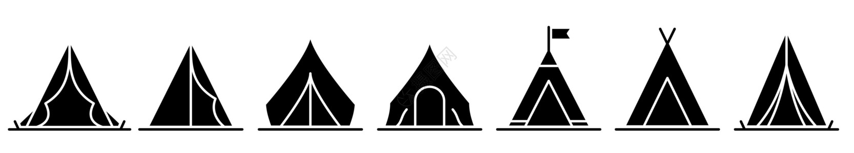单塔帐篷帐篷图标 一组黑色的帐篷图标 露营或旅行图标插画
