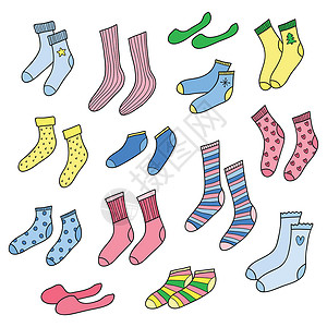 可爱袜子素材一套不同的涂鸦袜子条纹卡通片运动羊毛服装打印服饰纺织品草图衣服设计图片