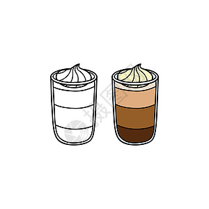 面条和彩色拿铁咖啡涂鸦派对庆典卡通片菜单鞭打杯子玻璃咖啡店手绘背景图片