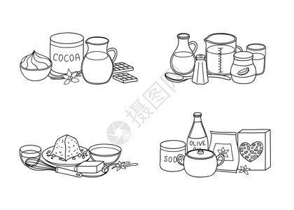 美食原料图片一组手工抽制的烹饪原料醒酒器黄油玻璃糕点巧克力团体烘烤苏打面粉食物插画