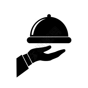 手握银柱形图标 在白色背景上孤立的黑色固态平板设计图标中 有食物托盘矢量图标的服务员插画