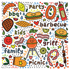 儿童烹饪派对贴有烧烤图标和字母的海报香肠食物炙烤派对微笑熏肉餐厅绘画小吃柠檬插画