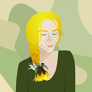 丹那利彩色头发和黄色花朵的女孩 戴丹迪利昂的发型 闭着眼睛的女性面孔 (笑声)插画
