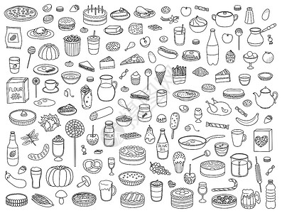 沙发上的食物和饮料一套涂鸦食物 饮料和甜食图标设计图片