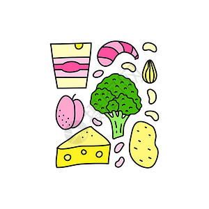 微量营养素一组彩色碘食品来源群微量元素坚果杏仁营养水果酸奶海报食物海鲜烹饪插画