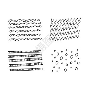 一套刻薄的抽象涂鸦纹理墨水铅笔手绘笔划黑色漩涡波浪圆圈刷子中风背景图片