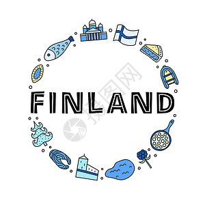 芬兰拉普兰地区圆形的多彩芬兰图标动物文化城市作品森林旗帜旅行肉丸建筑学圆圈插画