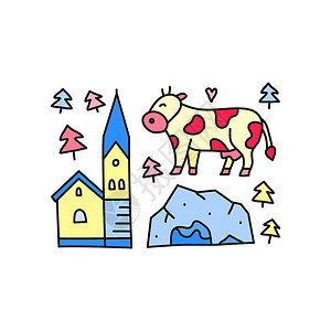 高山奶牛一组彩色的奥地利图标插画