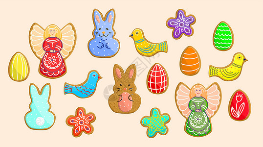 儿童饼干复活节的姜饼饼干 复活节有16个项 用来创建设计设计图片