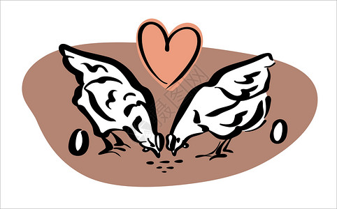 把控质量农民的Logo 两个年轻的母鸡在谷粒上跳动 亲切地把蛋给人 颜色标识 矢量传单徽章家畜质量农场产品绘画后院公鸡屠夫插画