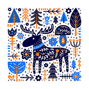挪威的森林多面斯堪的纳维亚海报上贴有驼鹿和森林元素插画