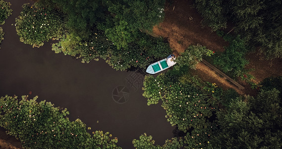 空中照片显示一对刚结婚的夫妇坐在蓝船里 在满水百合丽虫的池塘里背景图片