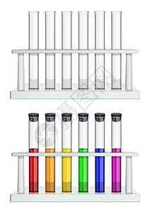 架子管试验管空空并装满多色液体 用于医药 药房 生物学和化学的特殊实验室设备插画