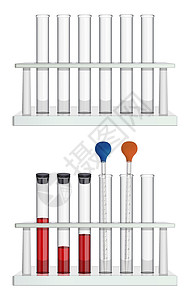 机架中的一组空管和一组测量实验室吸管和带有血样的试管 用塞子封闭 特殊实验室设备 向量设计图片