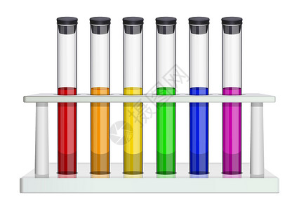 许多对象有软木塞和多色液体的玻璃实验室试管 实验室机架中的试管 医学 药剂学 化学 生物学 微生物学专用培养皿 孤立的对象 向量设计图片