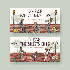 小提琴乐队Twitter模板 在街道概念 水彩风格上提供多种音乐的Twitter模板吉他音乐家男人乐队民间广告社交艺术家低音团体设计图片