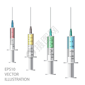 医用注射器 一套不同尺寸的一次性塑料注射器 用于皮下和肌肉注射 矢量血清剂量液体临床化学品援助制药药品抗生素外科插画