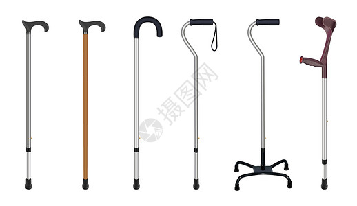 一套手杖和拐杖 伸缩金属手杖 木手杖 带额外支撑的手杖 肘部拐杖 医疗设备 矢量插图背景图片