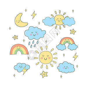 Weater 图标设置了孤立在白色上的卡通风格彩虹天气天空月亮特征太阳角色元素背景图片
