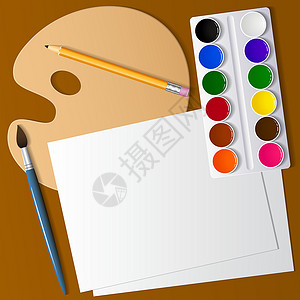 调色板矢量图绘画和创造力 桌面上的艺术装置 水彩颜料 画笔和纸 从上面看 背景图 矢量图设计图片