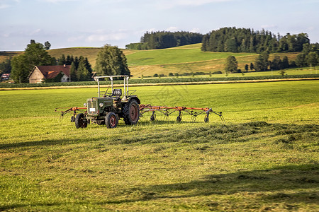 农艺的拖拉机和干草台车为耕种准备干草收成 农业和农艺概念 选择性重点车辆场地蓝色农村土地机器草原牧场饲料植物背景