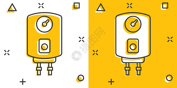 漫画风格的燃气锅炉图标 孤立背景下的加热器卡通矢量插图 沸腾飞溅效果标志经营理念丙烷洗澡服务卡通片安装气候工具加热家庭活力插画