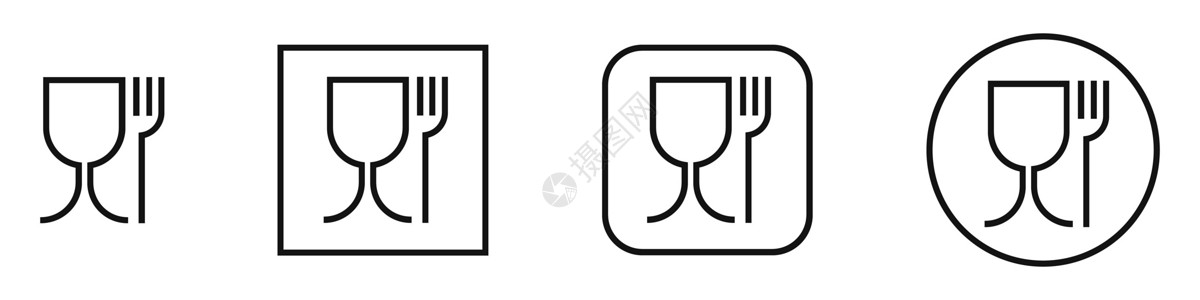 食品级塑料 食品安全材料 酒杯和叉符号邮票标签警告卫生标志包装玻璃产品证书食物插画