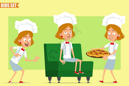 意大利沙发卡通平板厨师烹饪女孩性格矢量组合酒吧餐厅面包师休息女士动画片微笑快乐沙发手势插画