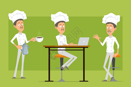 咖啡员卡通平板厨师烹饪员 性格矢量微笑杯子动画片酒店电脑男性快乐食物笔记本面包师插画