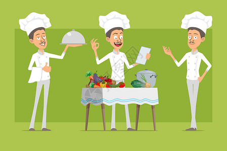 餐厅上菜员卡通平板厨师烹饪员 性格矢量餐厅托盘男人烹饪帽子男生黄瓜面包师微笑洋葱设计图片