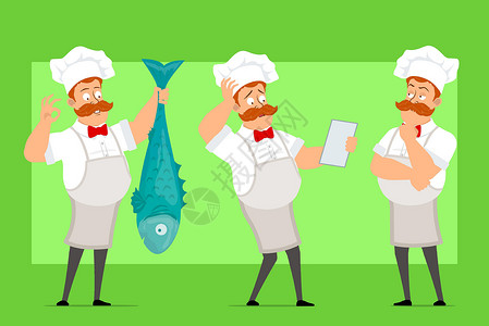 卡通平板脂肪厨师烹饪人 性格矢量厨房餐厅海洋面包师帽子菜肴男性动画片手势领结背景图片