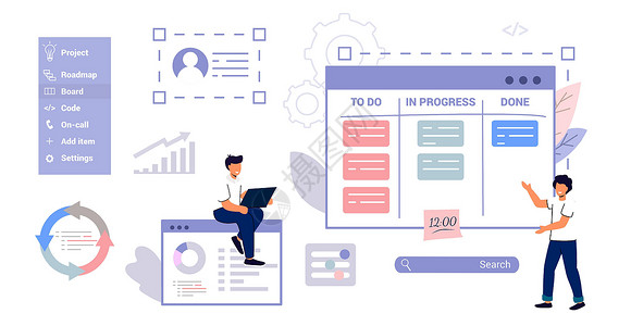 6S管理看板Kanban软件开发纲要概念概念 Agile 视觉项目管理方法公司审查社区合作框架生命周期产品团队短跑倾斜插画