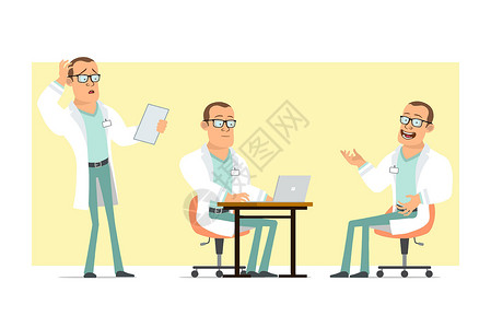 拉格特男医生性格特配装 有幽默风味的卡通平板科学家办公室医院眼镜卫生帮助动画片笔记本微笑徽章插画