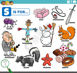卡通标题带有卡通字符的教学用单字母文字学校幼儿园蜘蛛肥皂工作簿英语臭鼬工作海星动物插画