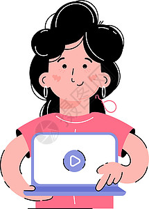 手提水桶女孩一个女人手里拿着一台手提电脑 有录像在她手中 它与白色背景隔绝 具有Trindy平板矢量风格设计图片