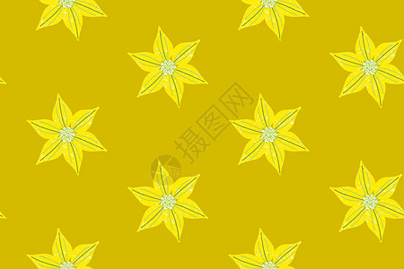 黄色金光菊无缝图案 黄色几何花朵 与恒星相似 在芥子酱背景上以简单图案呈现 为背景设计一个微妙的装饰品插画