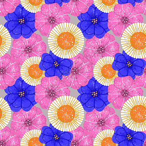 佩特坎无缝图案 大型几何花朵有回溯质地 粉色和蓝色佩特尼亚 有白甘菊插画
