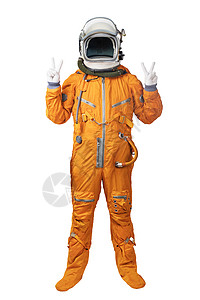 宇航员的手背景身穿橙色太空服和头盔的宇航员举起双手 用白色背景孤立的胜利标志手势背景