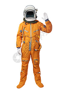 宇航员的手背景身穿橙色太空服和头盔的宇航员放弃手表打招呼 将白背景隔绝在白色背景之外 (掌声)背景