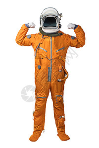 宇航员的手背景身穿橙色太空服和头盔的宇航员在白色背景上孤立的比塞普斯手势背景