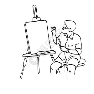 男性艺术家画在三角图解矢量手上的空白画布上 与白色背景线艺术脱钩设计图片